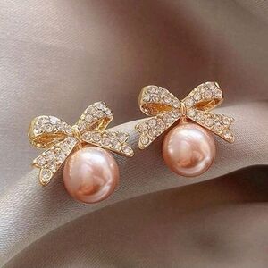 Elegant Gold Tone & Pink Bow Faux Pearl Rhinestone Earrings New!